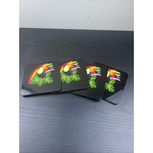 The Unbranded Brand Other - Toucan Coasters Set of 4 Black Rainbow Tropical Bird Drink Coasters